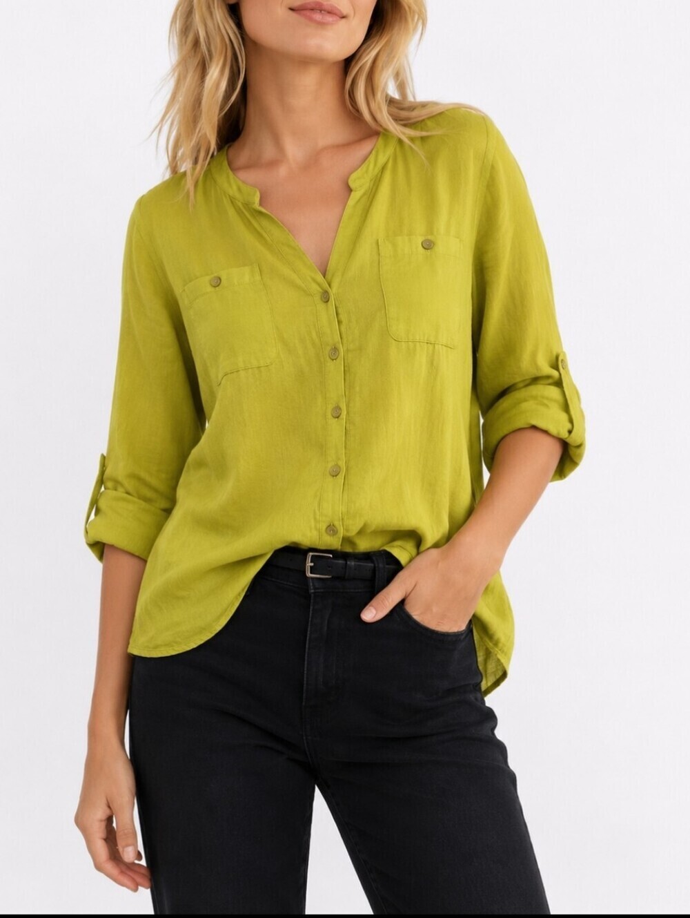 JM Collection ~Woman Size 16~ Green 100% Linen 3/4 Sleeve Button Up Top Blouse.
